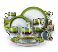 Ceramic Tableware Set 16/32/48-Piece Dinner Set,Red Green Kiln Change Glaze Tableware Service with Plate,Dessert,Bowl,Mug(32-PCS Mix)