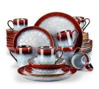 Ceramic Tableware Set 16/32/48-Piece Dinner Set,Red Green Kiln Change Glaze Tableware Service with Plate,Dessert,Bowl,Mug(32-PCS RED)