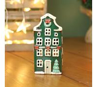Ceramic Tall Green Tealight Holder Cottage Village Scene Townhouse Xmas Festive Decor Ornament