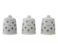 Ceramic Tea, Coffee and Sugar Storage Jars with Hearts Design, Set of 3, White and Grey