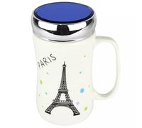 Ceramic Tea & Coffee Mugs with Glass Screw Lids - Paris Design | Rubber Seal | Airtight Storage | Stylish Gift Mug for Home, Office, Travel