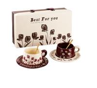 Ceramic Tea Cup and Saucer Set with Spoon - 2 Pcs Floral Coffee Mug Gift Set, 200ml Stoneware Cappuccino Latte Cups, Elegant Tulip & Blossom Design, Gift Boxed Tea Set for Women Men Couples