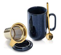 Ceramic Tea Cup Mug Infuser - VICRAYS Large 16 oz Hot Loose Steeping Handle Teacup with Leaf Infuser Spoon Lid - Blue Tall Glazed Strainer Coffee Mug Microwave Safe - Blue