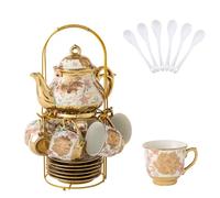 Ceramic Tea Cup Set, 20 Pcs European Ceramic Tea Set for Afternoon Tea, with Metal Holder and 6 Tea Cups, 450 ml Porcelain Tea Pot Set, 90 ml Tea Cup for Party, Women,Coffee, Flower Tea