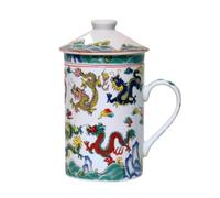 Ceramic Tea Cup with Lid + Strainer for Loose Tea with Asian Motif (Dragons, 043) Japanese Chinese Cup for Tea Lovers, Porcellan Coffee Gift Set Asia Asia Mug Cup
