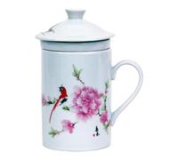 Ceramic Tea Cup with Lid + Strainer for Loose Tea with Asian Motif (Parrot, 040) Japanese Chinese Cup for Tea Lovers, Porcelain Coffee Gift Set Asia Asia Mug Cup