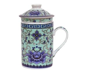 Ceramic Tea Cup with Lid + Strainer for Loose Tea with Asian Motif (Purple Water Lily, 507) Japanese Chinese Cup for Tea Lovers, Porzellan Coffee Gift Set Asia Asia Mug Cup