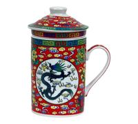 Ceramic Tea Cup with Lid + Strainer for Loose Tea with Asian Motif (Red Dragon, 496) Japanese Chinese Cup for Tea Lovers, Porcelain Coffee Gift Set Asia Mug Oat