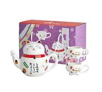 Ceramic Tea Pot, Japanese Filter Tea Set, One Pot, Two Cups, Household Cute and Fun Lucky Cat Tea Set for office home restaurant-Red one pot, two cups, no tray