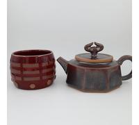 Ceramic Tea Set - Red Glaze Bagua Cups with "Turn The Tide" Teapot, Cups: 8cm Height, 8cm Top/Bottom Diameter (100ml), Teapot: 8cm Height, 9.5cm Base Diameter (200ml)(Leather)