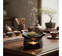 Ceramic Tea Stove Warmer Set, Zen Aromatherapy Burner, Ceramic Aromatherapy Stove Essential Oil, Handmade Zen Incense Burner Kit Multi-Functional Teapot Warmer for Home Office (Brown A)