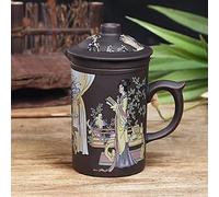 Ceramic Teacup, Chinese Hand Painted Purple Clay Tea Mug with Lid and Infuser, (13oz) Yixing Zisha Water Mug Drinkware for Office Home (Black Lady)