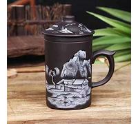 Ceramic Teacup, Chinese Hand Painted Purple Clay Tea Mug with Lid and Infuser, (13oz) Yixing Zisha Water Mug Drinkware for Office Home (Black Landscape)