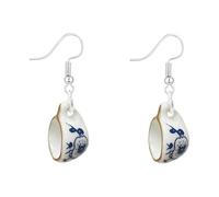 Ceramic Teacup Dangle Hook Earrings for Women, Blue White Hand-Painted Porcelain Floral Pattern Design - 3.9cm Lightweight Statement Drop, Fashion Trendy Vintage Style Jewellery (Blue)