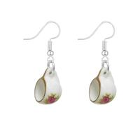 Ceramic Teacup Dangle Hook Earrings for Women, Blue White Hand-Painted Porcelain Floral Pattern Design - 3.9cm Lightweight Statement Drop, Fashion Trendy Vintage Style Jewellery (Pink)