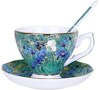 Ceramic Teacup,tea set,Tea Pot,Glass Coffee,Birthday, Bone China Cup and Saucer Set, 7oz Teacup - Design Inspired by Van Gogh's Paintings (The Sower) (Color : Iris Flower)