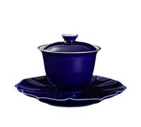 Ceramic Teapot Chinese, 150ml Pink Glazed Gaiwan Antique Gilded Silver for Tea(Dark Blue)