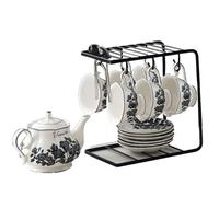 Ceramic Teapot Set 600ml Black Rose Floral Pattern Vintage Style with Cups Display Stand for Loose Leaf Home Household Use Gift Set-A