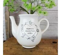Ceramic Teapot Vase for Flowers - "Happiness Blooms From Within" White & Black Cow Parsley Design - Novelty Country Kitchen Home Décor Gift - 19.5cm