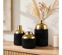 Ceramic Textured Vases Set of 3, Round Black and Gold Two-Tone Flower Vase | for Pampas Grass Decorative, Modern Gold Small Vase for Kitchen Counter Shelving Fireplace Mantel Table Centerpiece