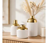 Ceramic Textured Vases Set of 3, Round White and Gold Two-Tone Flower Vase for Pampas Grass Decorative, Modern Gold Small Vase for Kitchen Counter Shelving Fireplace Mantel Table Centerpiece