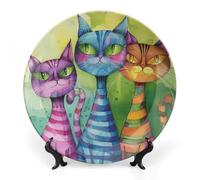 Ceramic Three Cats Side by Side Decorative Plate for Wall Hanging 7inch Large Bone China Dinner Plates with Display Stand Porcelain Art Dish for Home Kitchen Office Wedding Gift Farmhouse Decor
