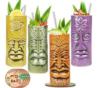 Ceramic Tiki Mugs Set of 4 Tiki Glasses, Exotic Cocktail Glasses, Hawaiian Party Mugs Tiki Drinking Tumbler Cups with Coaster and Straws for Mai Tai, Pina Colada, Tiki Bar Professional Barware