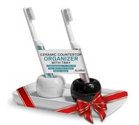 Ceramic Toothbrush Holder with Tray for Bathroom Countertop, Small Toothbrush Holder Stand, Minimalist Bathroom Storage & Single Bathroom Toothbrush Organizer (Black & White)