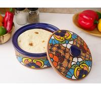 Ceramic Tortilla Warmer, Talavera Mexican Pottery Floral Pattern, Tortilla Holder, Keeps Warm for Tacos Tuesday, Stews, Casseroles, Pasta, Microwave Safe, Bowl With Lid, Tortilleros Terracotta
