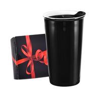 Ceramic Travel Mug, 12oz Unique To Go Coffee Mugs with Splash Resistant Lid and Color Box, Reusable Double Wall Black Mug Porcelain Coffee Cup, Gifts for Women Men Her Him, Black