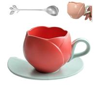 Ceramic Tulip Coffee Mug with Saucer, 2026 Upgraded Tulip-Shaped Tea Cup with Comfortable Handle and Leaf Plate, Heat-Resistant Flower Mug for Tea Coffee Milk for Home Office (Red)