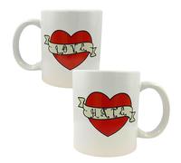 Ceramic Two-Faced Mug, 11 oz, Love and Hate Tattoo Heart Design. This Fun Mug is a Humorous Gift Idea for The Tattoo Lover in Your Life.