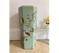 Ceramic Umbrella Stand Stick Holder Green 44cm Tall Hexagonal w Flowers & Birds