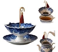 Ceramic Umbrella Tea Strainer, Blue Floral Umbrella Tea Strainer with Drip Base,Umbrella Shaped Tea strainers,Traditional Loose Leaf Tea Infuser for Gongfu Tea Brewing (Blue)