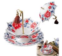Ceramic Umbrella Tea Strainer, Blue Floral Umbrella Tea Strainer with Drip Base,Umbrella Shaped Tea strainers,Traditional Loose Leaf Tea Infuser for Gongfu Tea Brewing (Red)
