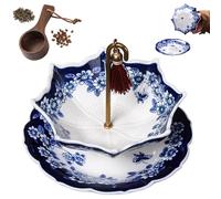 Ceramic Umbrella Tea Strainer - Blue & White Porcelain Loose Leaf Infuser, Rotating Filter for Tea & Coffee Brewing,with Coffee Bean Scoop (Blue+Scoop)