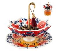 Ceramic Umbrella Tea Strainer, Traditional Chinese Blue and White Porcelain Loose Leaf Teas Infuser, Rotating Design Filter for Kung Fu Tea, Desk Decor(Gules)