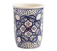 Ceramic Utensil Crock, Utensil Holder - Hand Crafted and Hand Painted North African Design Blue and white.