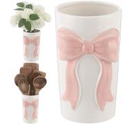 Ceramic Utensil Holder, 3.9 x 6.5 in Cooking Tool Caddy with 3D Bow Accent, for Kitchen Countertop, also Flower Vase, Multi purpose Organizer for Chopsticks, Spoons, Pens and Makeup Brushes