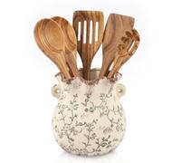 Ceramic Utensil Holder Farmhouse Cooking Utensil Holder | Functional Utensil Storage Organiser with Handle, Vintage Countertop Home Decor, Flower Pot
