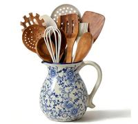 Ceramic Utensil Holder for Kitchen Counter, 6.1 Inch Modern Farmhouse Rustic Cooking Utensil Holder for Countertop Home Decor, Vintage Utensil Organizer Crock for Cooking & Spoon Tools (Blue & White)