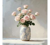 Ceramic Vase - 17.5 cm Rustic Farmhouse Flower Vase Blue and White Chinoiserie Ceramic Vases with Hand-Painted Peony Floral Boho Terracotta Vases for Home Decor Wedding Dinner Table Office Bedroom