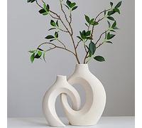 Ceramic Vase Set - 2 Flower Donut Modern Vases for Home Décor, Creative White Vases Minimalism Style Decor Vase Table Vase for Living Room Entryway Bookshelf Mantel Centerpieces Shelf