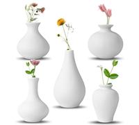 Ceramic Vase Set, 5 White Mini Flower Buds Vase, Flower Vases for Modern Home Decor, Decorative Vase for Pampas Grass, Living Room, Shelf Decor, Dining Table, Bookcase, Mantle, Entrance (White)