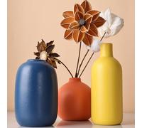 Ceramic Vase Set of 3, Small Flower Vases for Rustic Home Decor, Modern Farmhouse, Living Room, Shelf, Table, Bookshelf, Mantel and Entryway - Yellow, Orange, Blue (A)