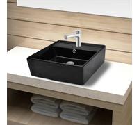 Ceramic Washbasin Black Square 410 x 410 x 150 mm with Tap Hole Overflow for Bathroom Washbasin Countertop Sink Modern Design Compact and Easy to Clean
