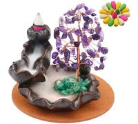 Ceramic Waterfall Incense Burner, Money Tree Backflow Holder Healing Crystal Stone, with 30 Cones + Stick for Yoga Meditation Home Zen Decoration(Amethyst)