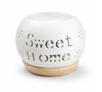 Ceramic Wax Melt Burner Oil Burner with Tealight Holder Sweet Home Cut-Out Design White Aroma Lamp Fragrance Diffuser Home Decor with Wooden Base