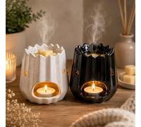 Ceramic Wax Melt Burner Set of 2, Black & White Tealight Oil Burner 10cm, Essential Oil & Wax Warmer, Modern Home Fragrance Diffuser for Aromatherapy, Living Room, Bedroom & Spa