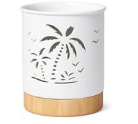 Ceramic Wax Melt Burner with Removable Lid - Tropical Palm Tree Cut-Out Design, Tealight Oil Burner for Home Fragrance & Decoration, 12×9cm White with Bamboo Base (JR1510)